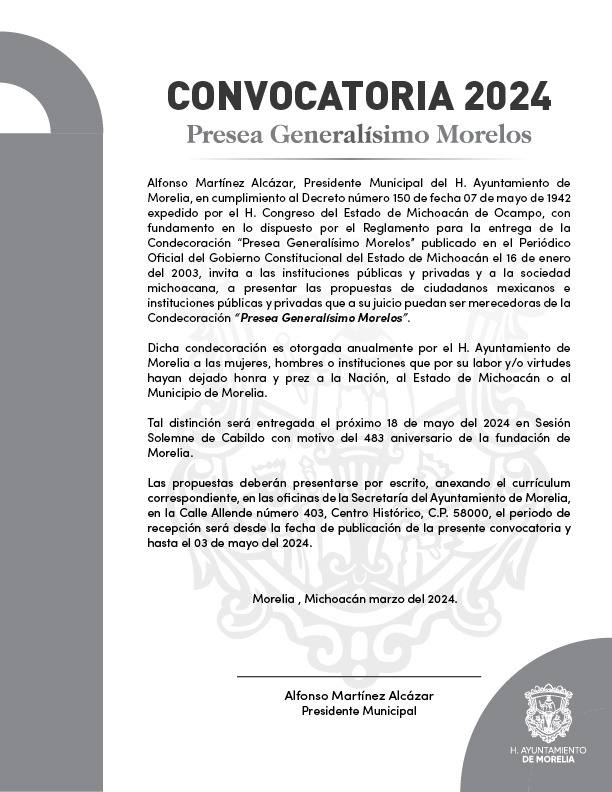 Abierta, convocatoria para Presea Generalísimo Morelos 