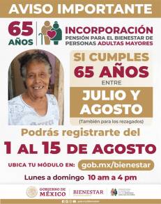 Del 1Â° al 15 de agosto, registro a la Pensión para el Bienestar de las Personas Adultas Mayores 