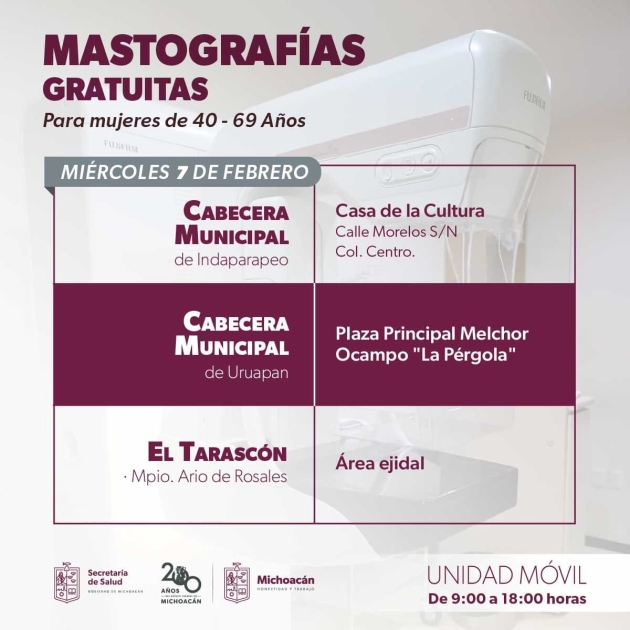 Del 5 al 8 de febrero llevará SSM mastografías gratuitas a 8 municipios 