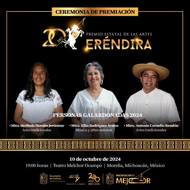 Próximo jueves entregará Secum Premio Estatal de las Artes Eréndira 