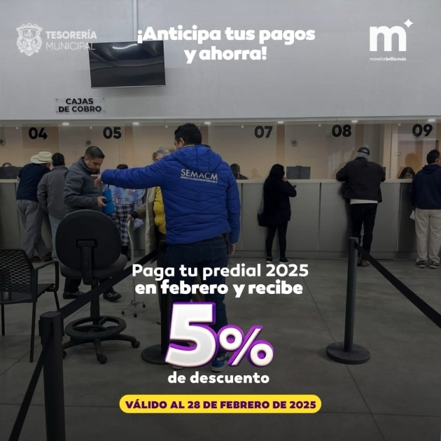 Todo febrero, aprovecha el 5% de descuento en tu predial Morelia 