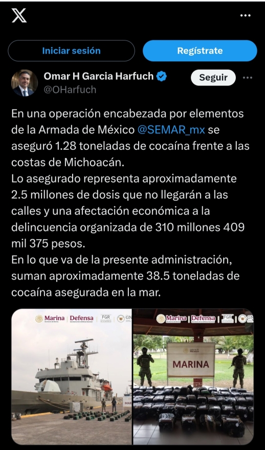 Aseguran 1.28 Toneladas de Cocaína en los Mares de la Costa Michoacana : García Harfuch 