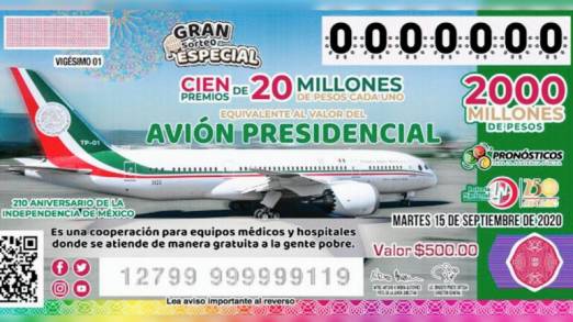 El próximo 15 de septiembre Lotería Nacional realizará sorteo del equivalente al valor del avión presidencial, anuncia Andrés Manuel López Obrador