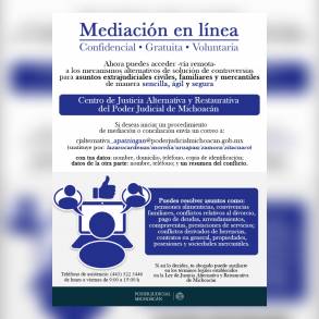 Poder Judicial de Michoacán apertura el servicio de Mediación en línea para la solución de controversias a distancia