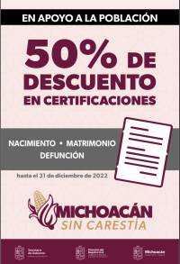 Continúan descuentos del 50% en certificaciones de nacimiento, matrimonio y defunción 