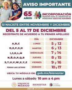 Del 5 al 17 de diciembre, registro a Pensión para el Bienestar de Personas Adultas Mayores en el país 