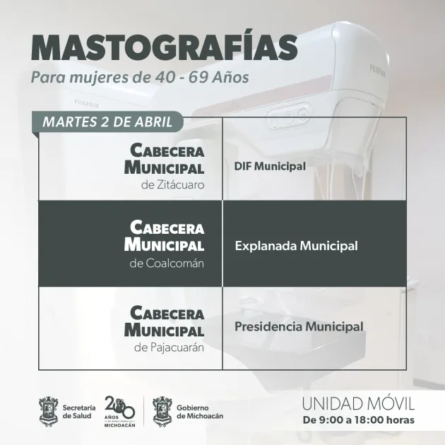 Realizará SSM Mastografías Gratuitas en 6 municipios de Michoacán 