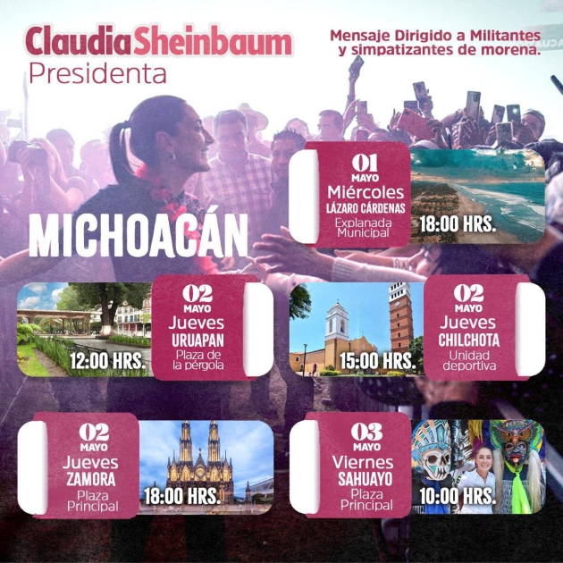 Claudia Sheinbaum visita Michoacán a 1 mes de la elección 