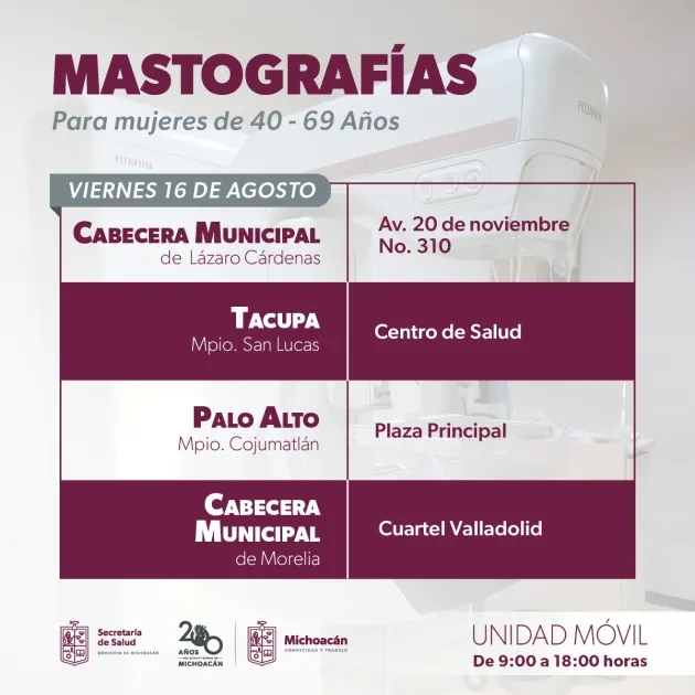 SSM llevará mastografías en unidades móviles a 9 municipios de Michoacán 