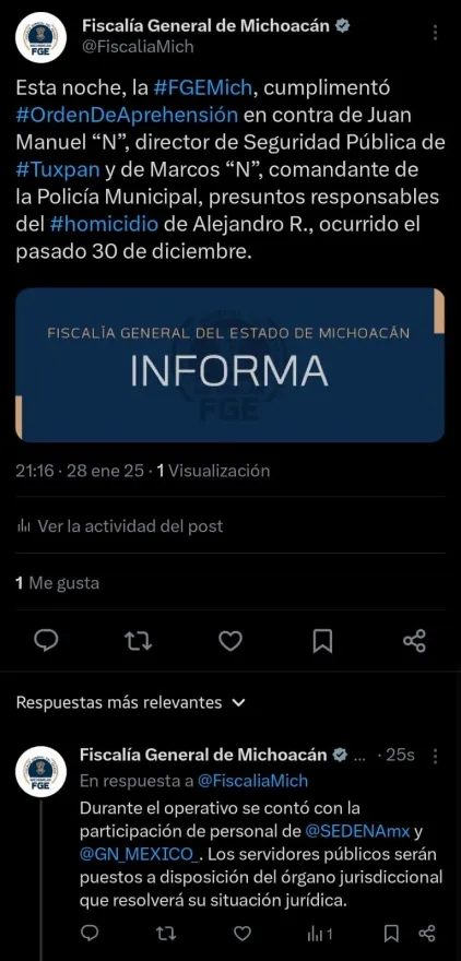 Cumplimenta FGE orden de aprehensión contra servidores públicos de Tuxpan, presuntos Homicidas. 