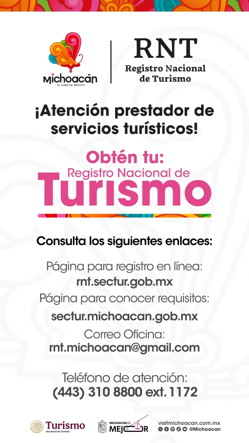 Michoacán entre los estados con mayor cumplimiento en el Registro Nacional de Turismo: Sectur 
