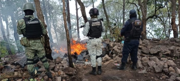 Guardia Civil, Sedena y GN destruyen campamento ilícito; hay un detenido y armamento asegurado 