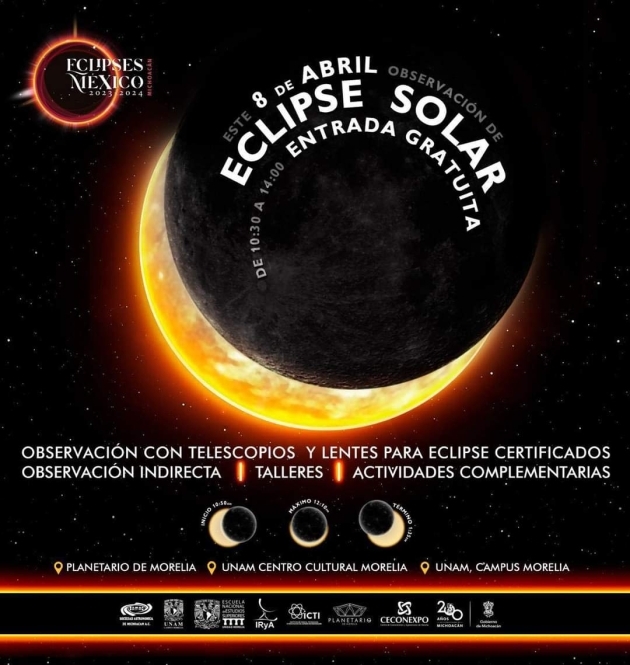 Aprecia el eclipse solar del 8 de abril en el Planetario de Morelia y 2 sedes más 